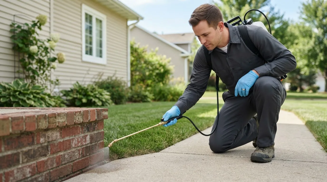 Pest control technician treating a home near Muncie, IN