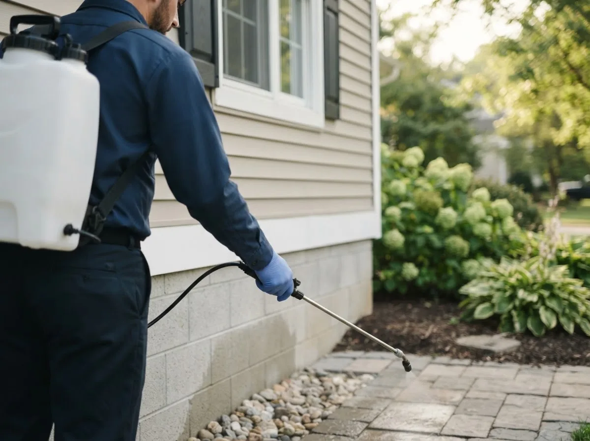 Pest control technician inspecting a home in Muncie, IN